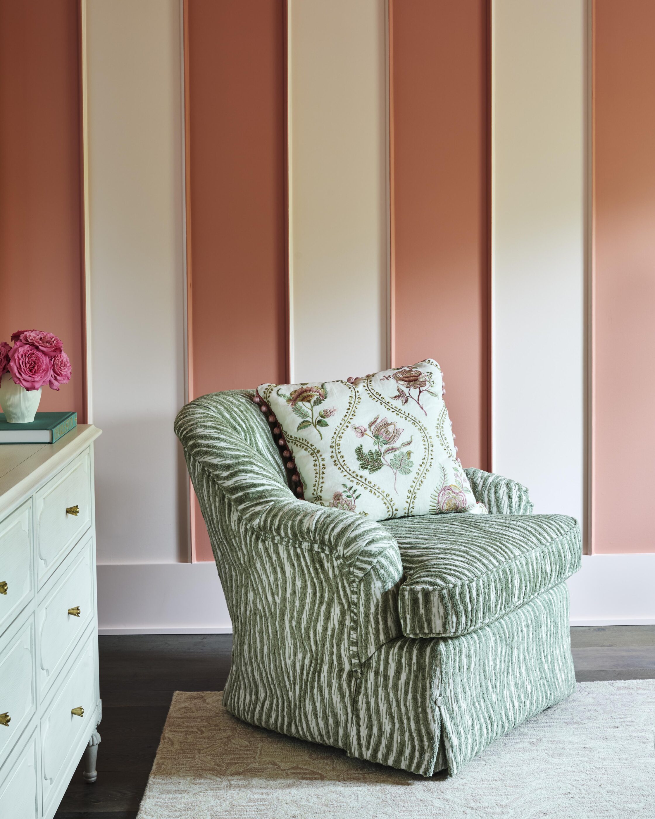 custom upholstered chair Interior design by Megan Molten for a coastal, vibrant Mount Pleasant home featuring the Lilly Pulitzer x Lee Jofa collection