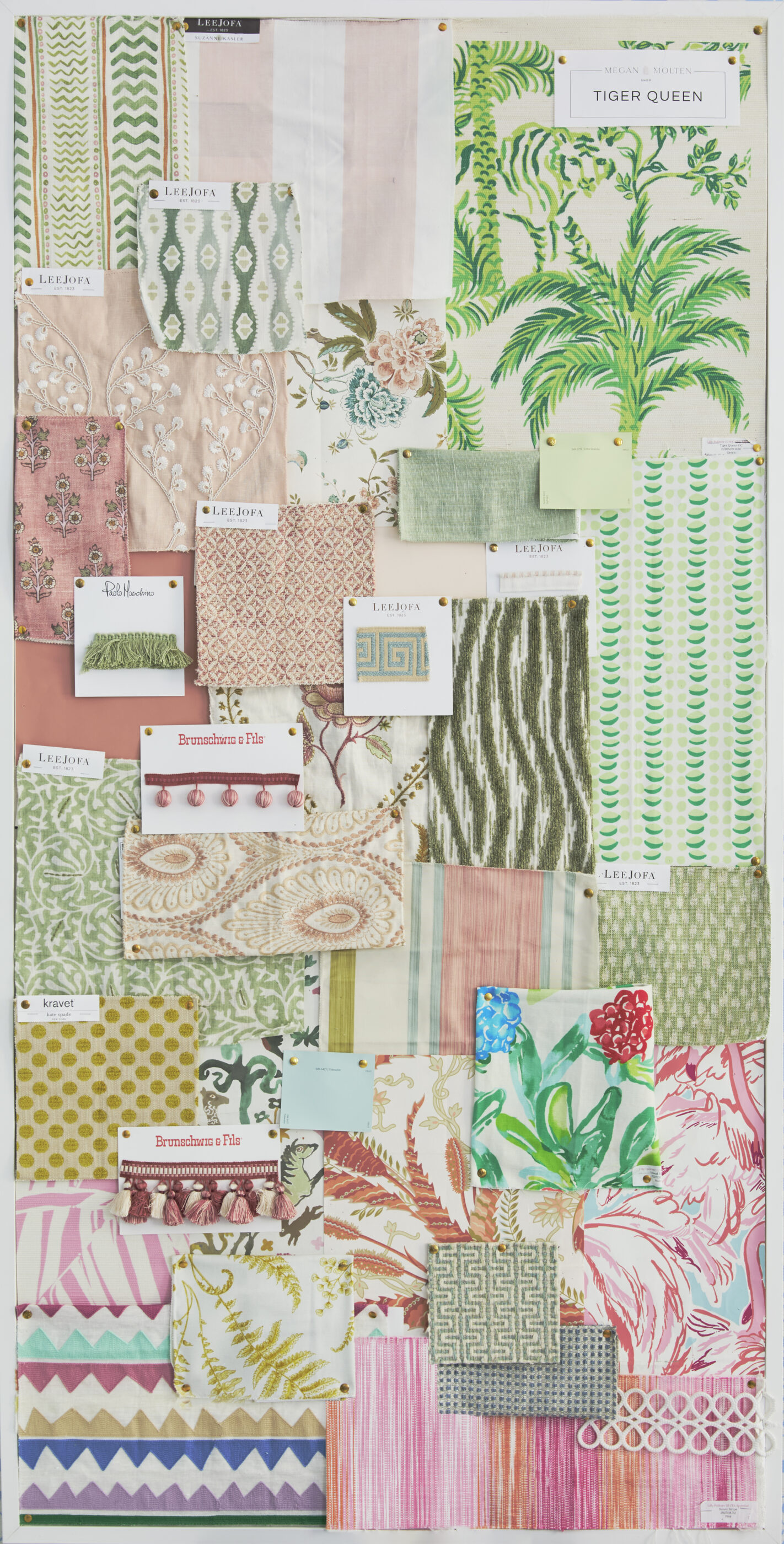 design inspiration vision board fabric samples Interior design by Megan Molten for a coastal, vibrant Mount Pleasant home featuring the Lilly Pulitzer x Lee Jofa collection