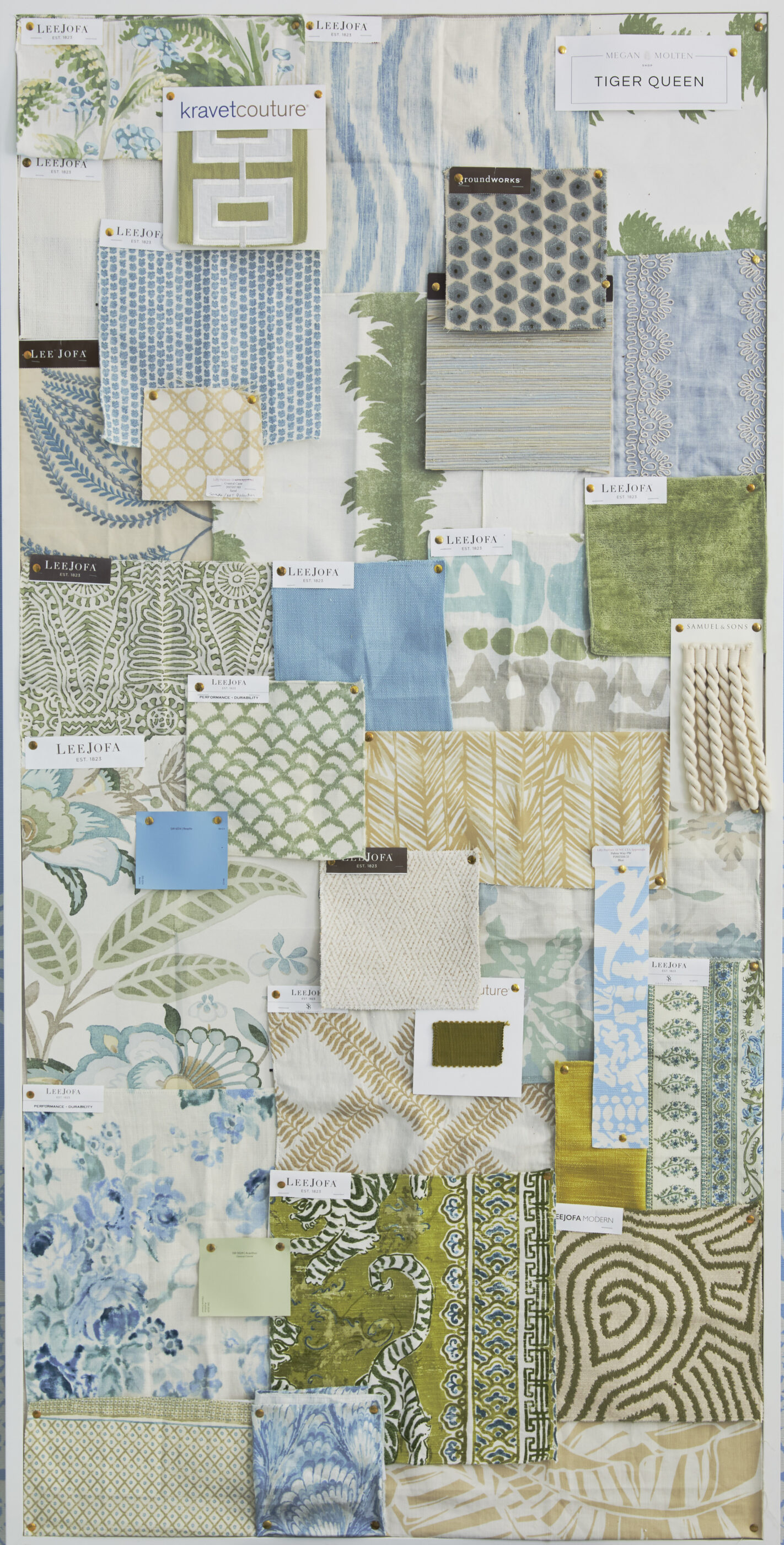 design vision board blues Interior design by Megan Molten for a coastal, vibrant Mount Pleasant home featuring the Lilly Pulitzer x Lee Jofa collection