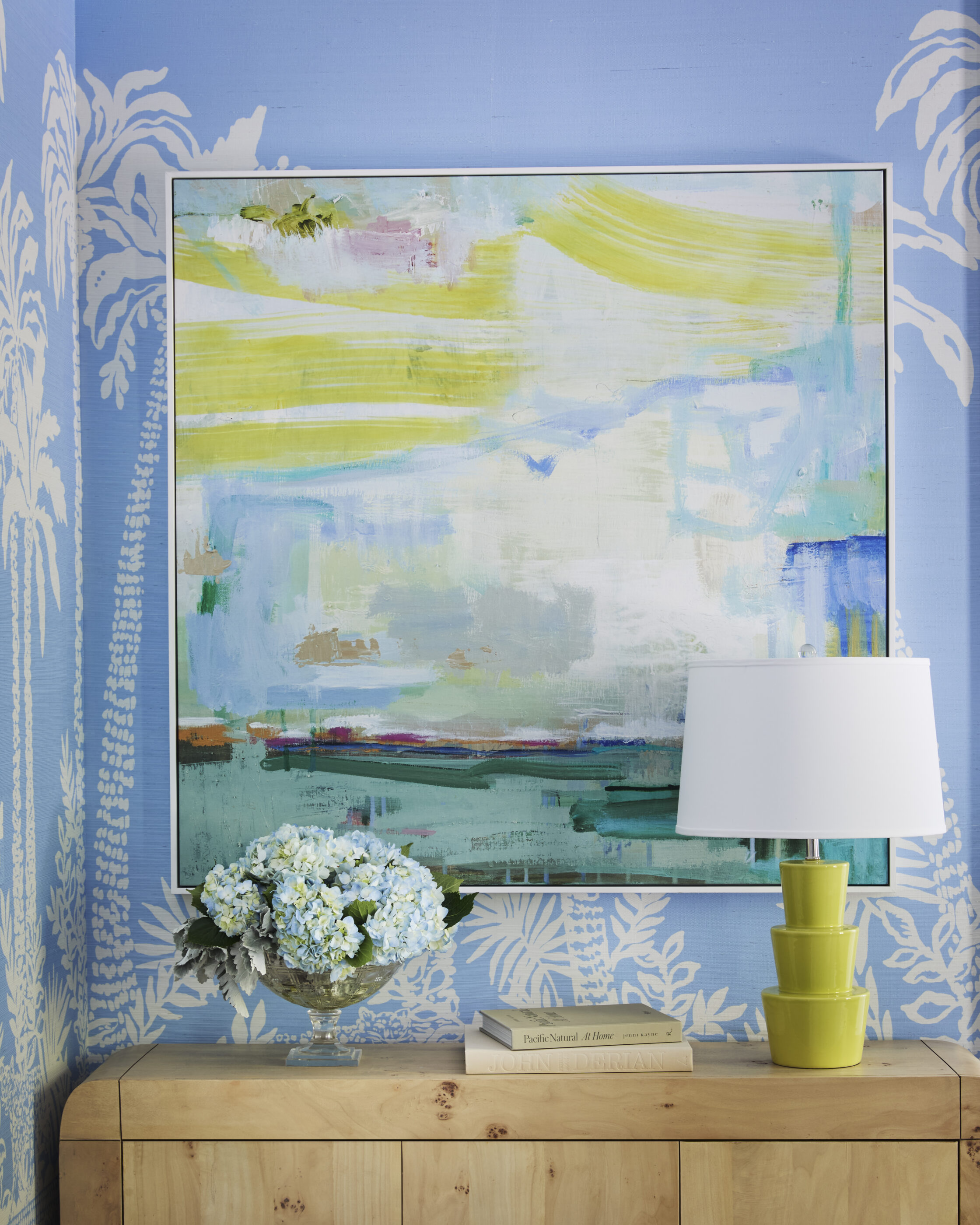 dining room chartreuse blues Interior design by Megan Molten for a coastal, vibrant Mount Pleasant home featuring the Lilly Pulitzer x Lee Jofa collection