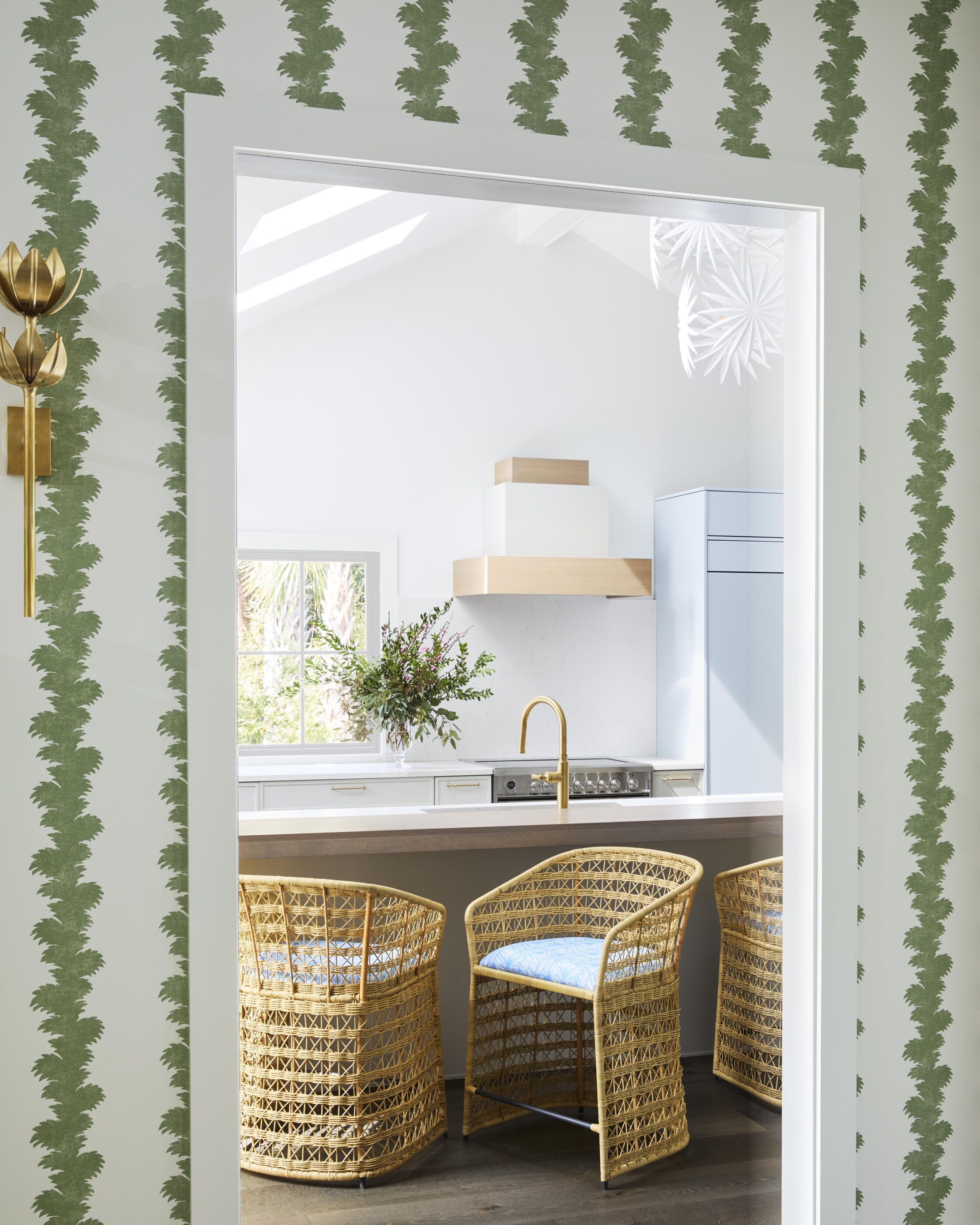 kitchen angle barstool Interior design by Megan Molten for a coastal, vibrant Mount Pleasant home featuring the Lilly Pulitzer x Lee Jofa collection