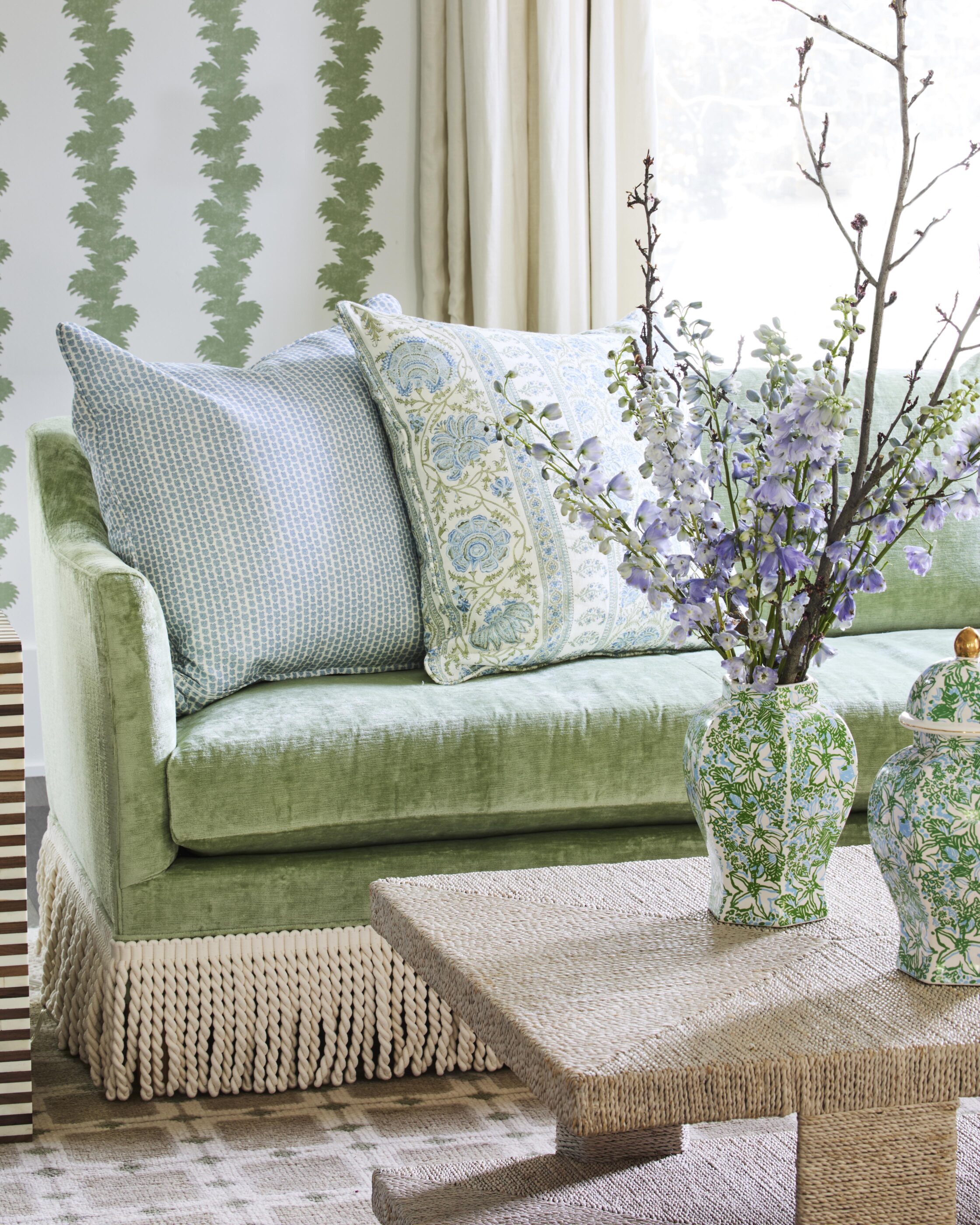 living room greens Interior design by Megan Molten for a coastal, vibrant Mount Pleasant home featuring the Lilly Pulitzer x Lee Jofa collection
