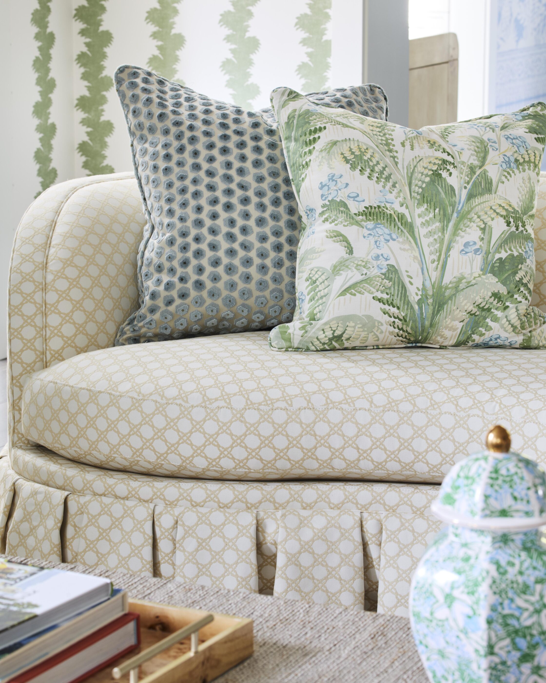 coley sofa inspiration pattern play Interior design by Megan Molten for a coastal, vibrant Mount Pleasant home featuring the Lilly Pulitzer x Lee Jofa collection