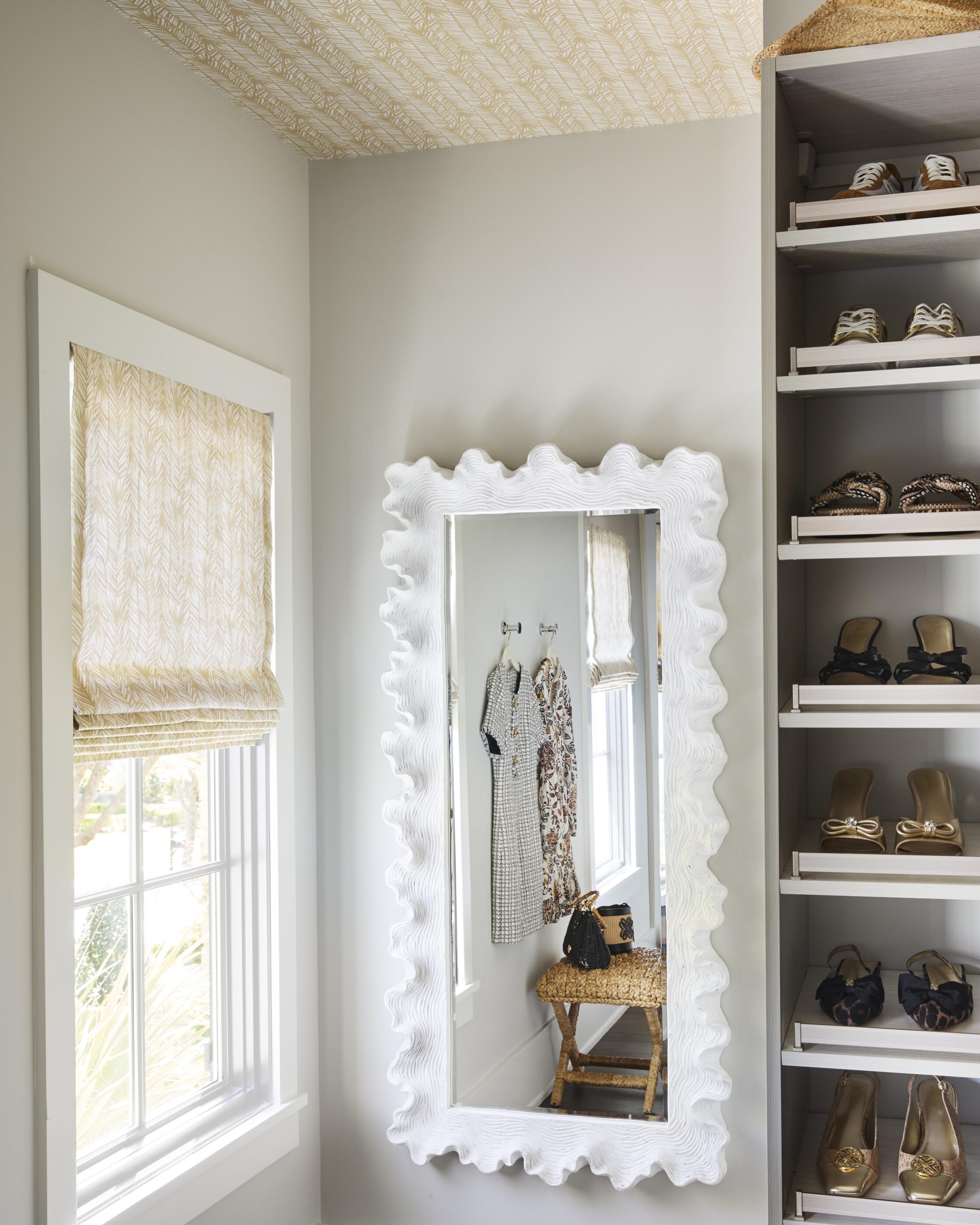 closet mirror design roman shade Interior design by Megan Molten for a coastal, vibrant Mount Pleasant home featuring the Lilly Pulitzer x Lee Jofa collection