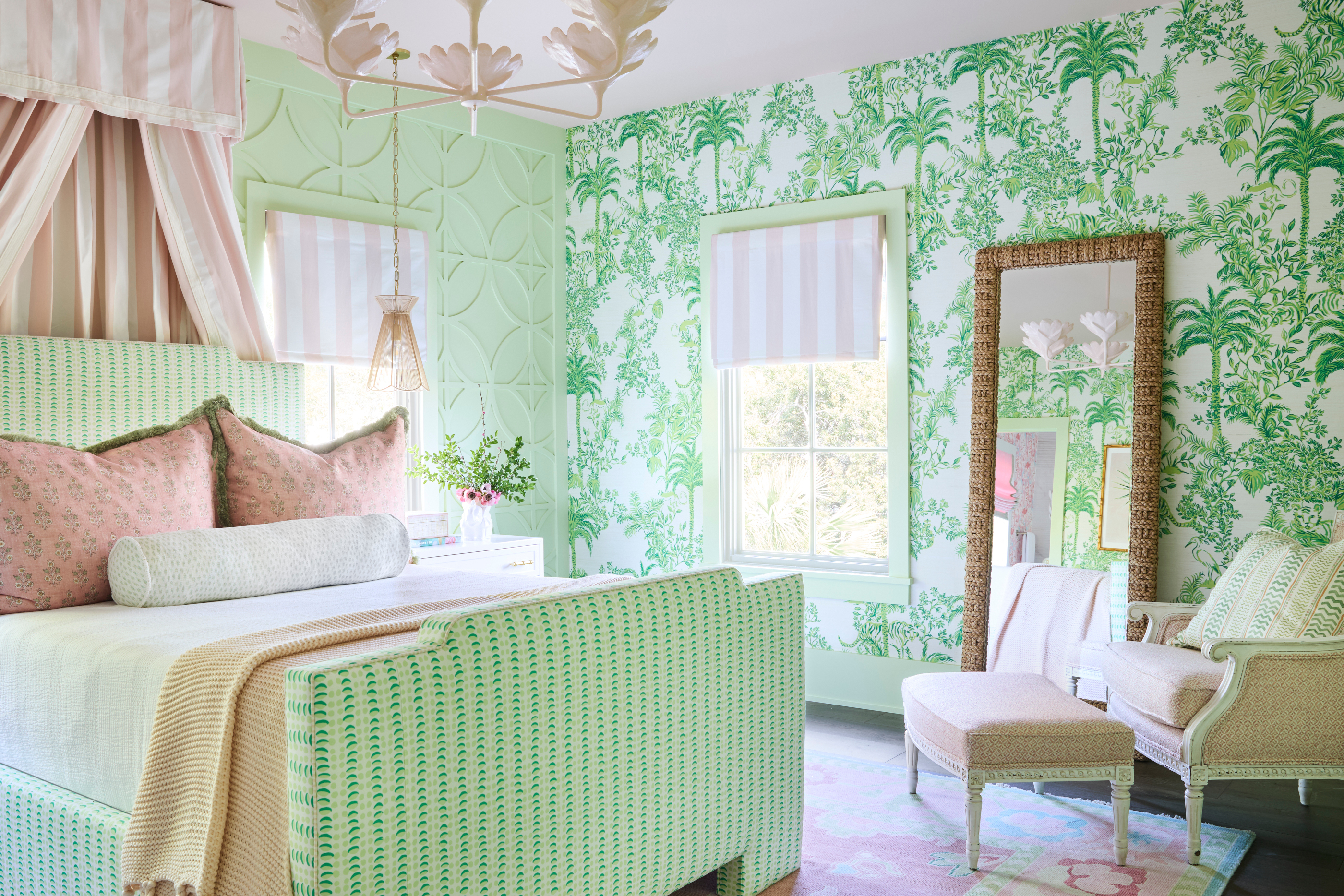 Interior design by Megan Molten for a coastal, vibrant Mount Pleasant home featuring the Lilly Pulitzer x Lee Jofa collection green girls bedroom bedding upholstered custom