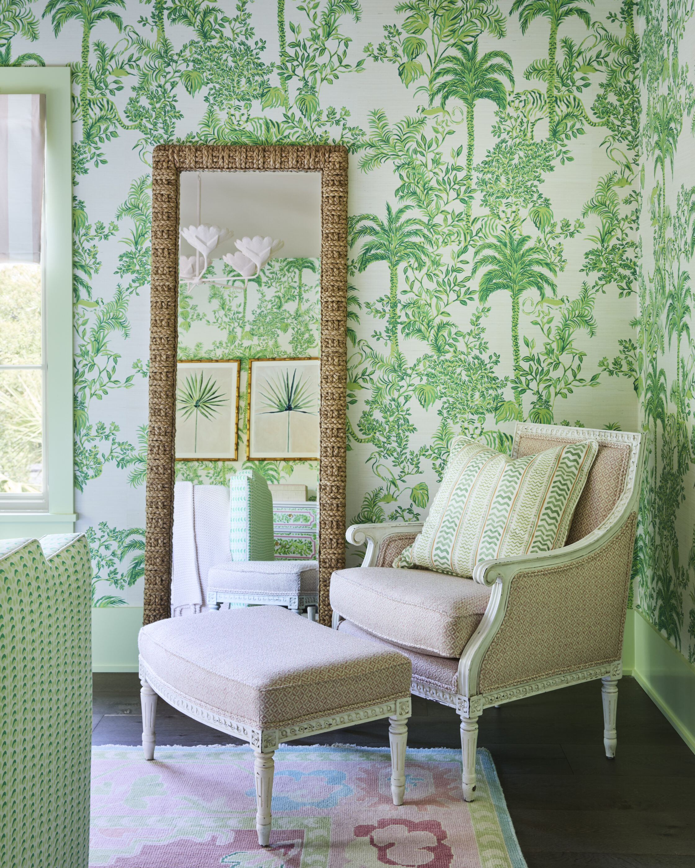 Interior design by Megan Molten for a coastal, vibrant Mount Pleasant home featuring the Lilly Pulitzer x Lee Jofa collection custom upholstery pink green