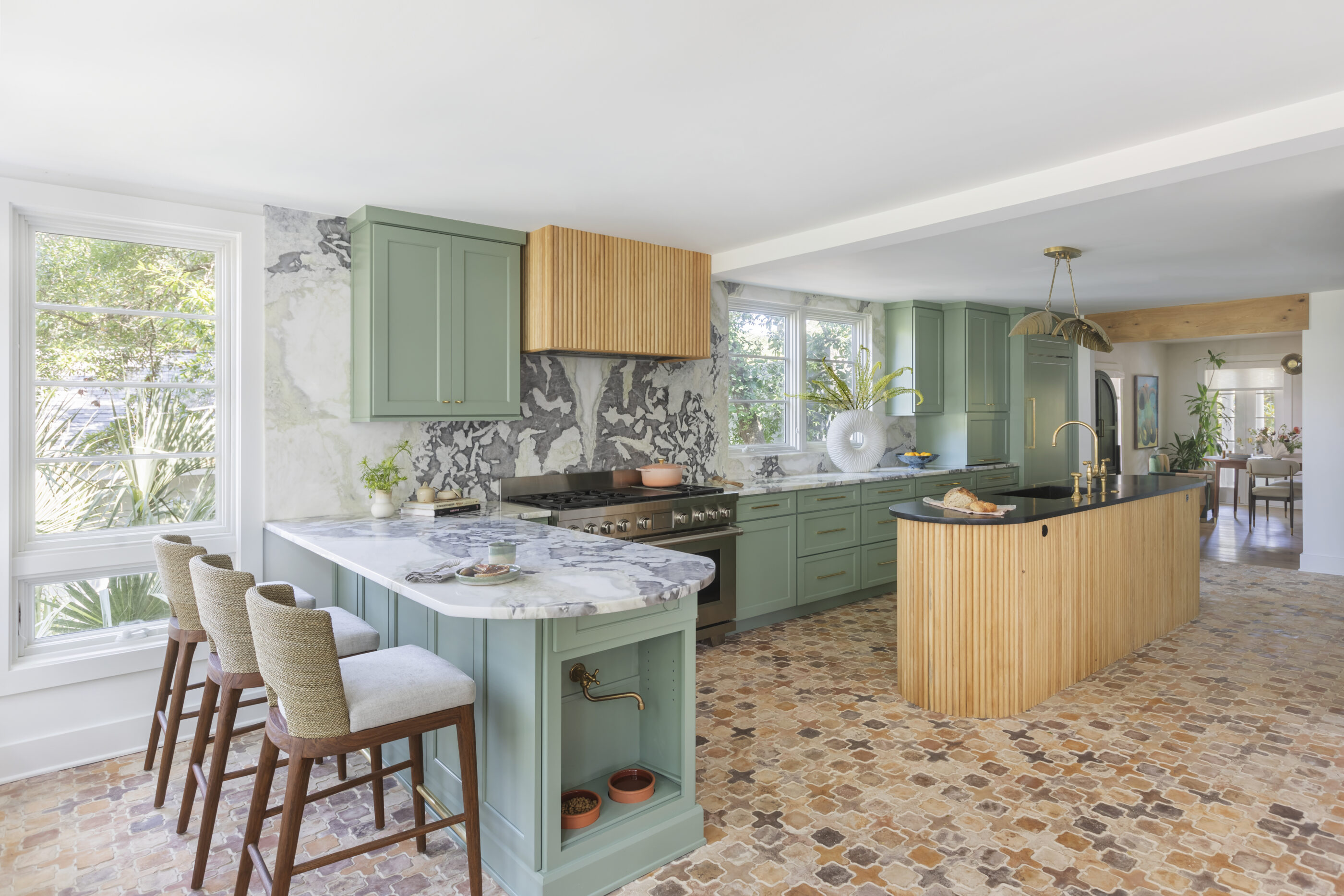 interior design black tile custom artwork arched tile bar lowcountry folly beach funky arched green kitchen bar storage stone dream home kitchen bohemian coastal