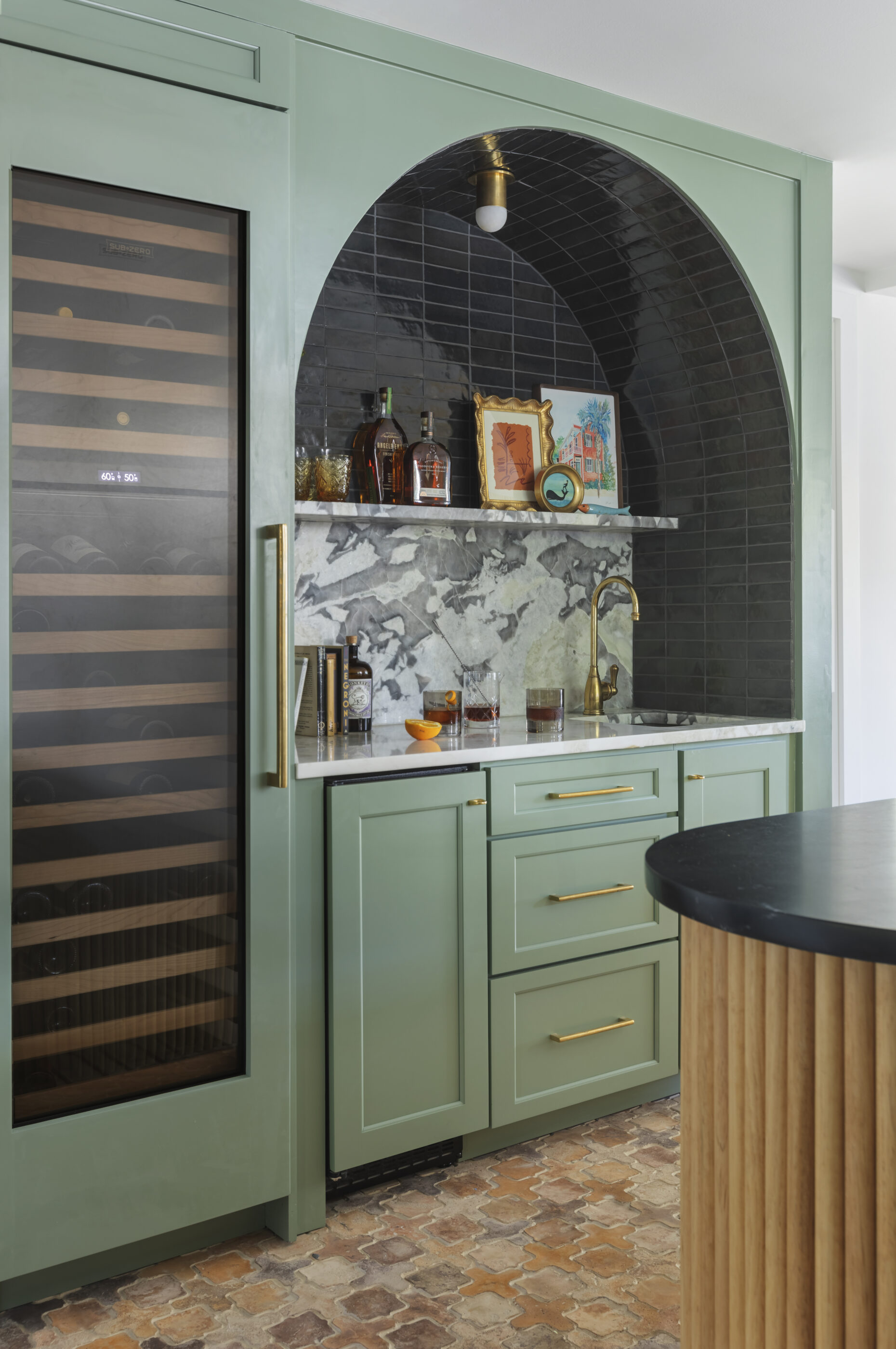 interior design black tile custom artwork arched tile bar lowcountry folly beach funky arched green kitchen bar storage stone