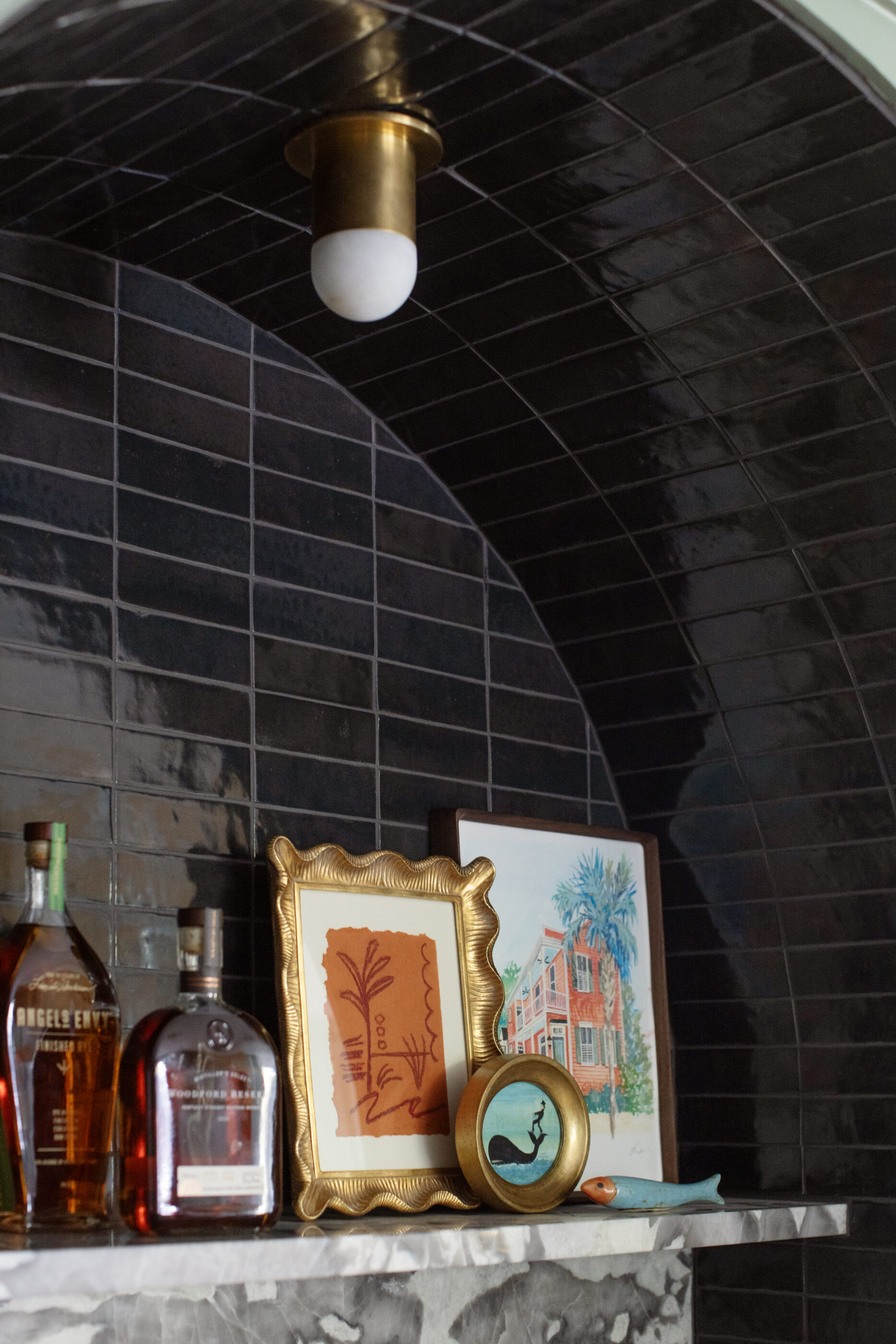 interior design black tile custom artwork arched tile bar lowcountry folly beach