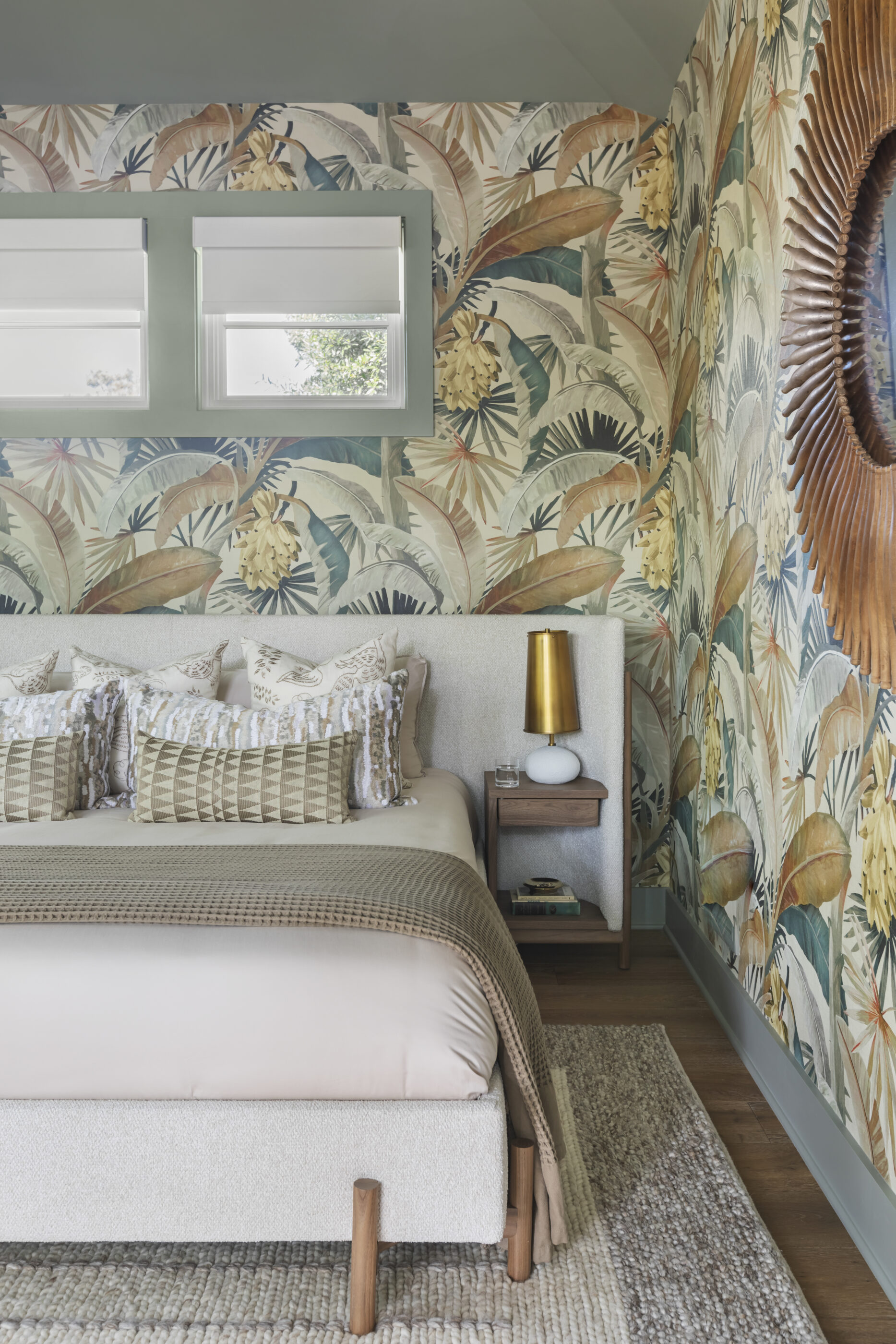 funky folly beach interior design primary suite master wallpaper maximalist