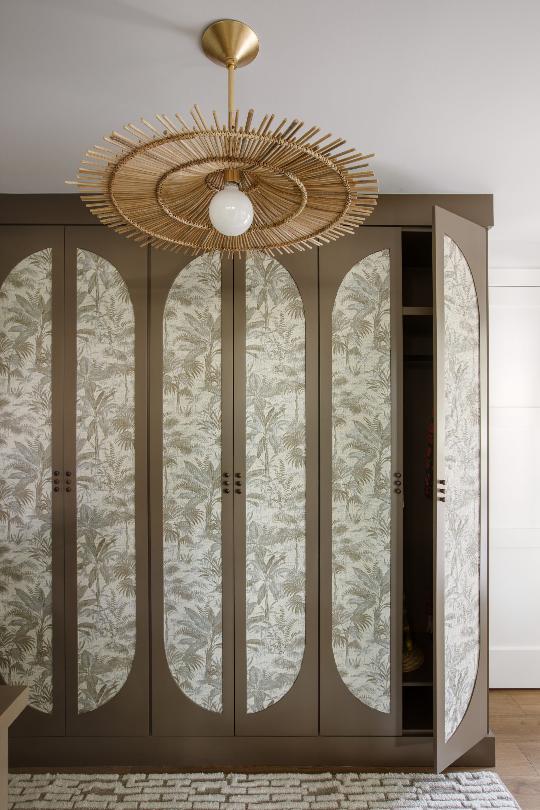 funky folly beach interior design storage wallpapered doors