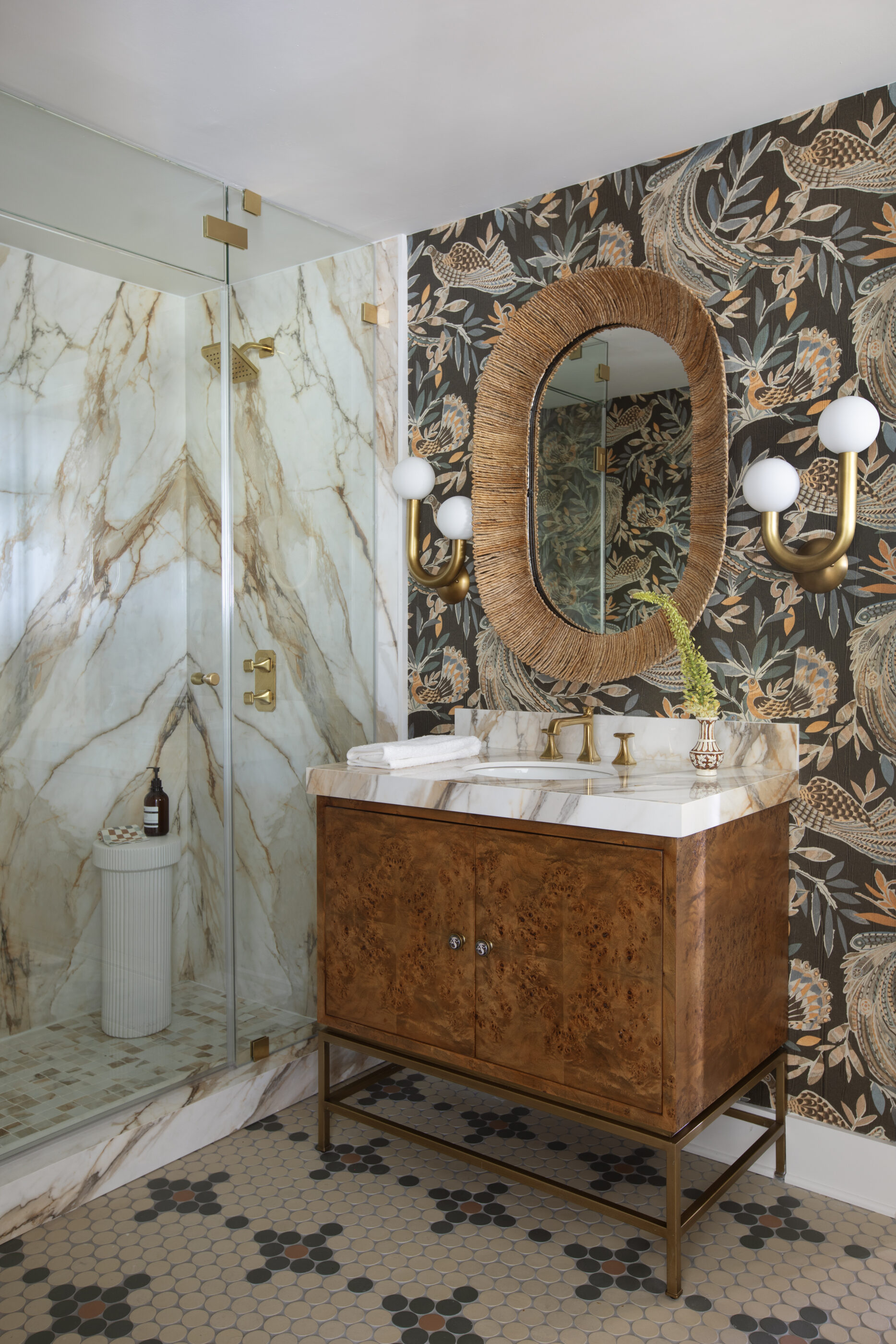 funky folly beach interior design powder bath bathroom wallpaper stone tile