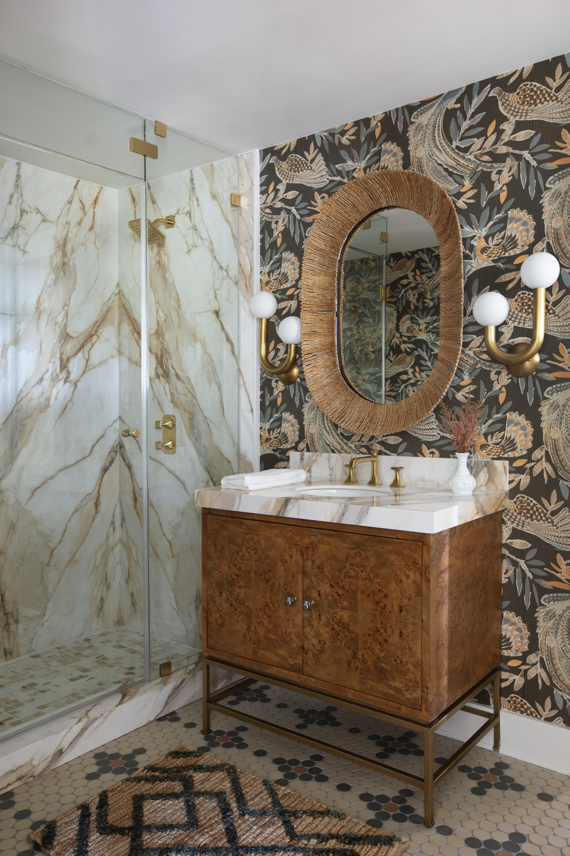 funky folly beach interior design powder bath bathroom wallpaper stone tile
