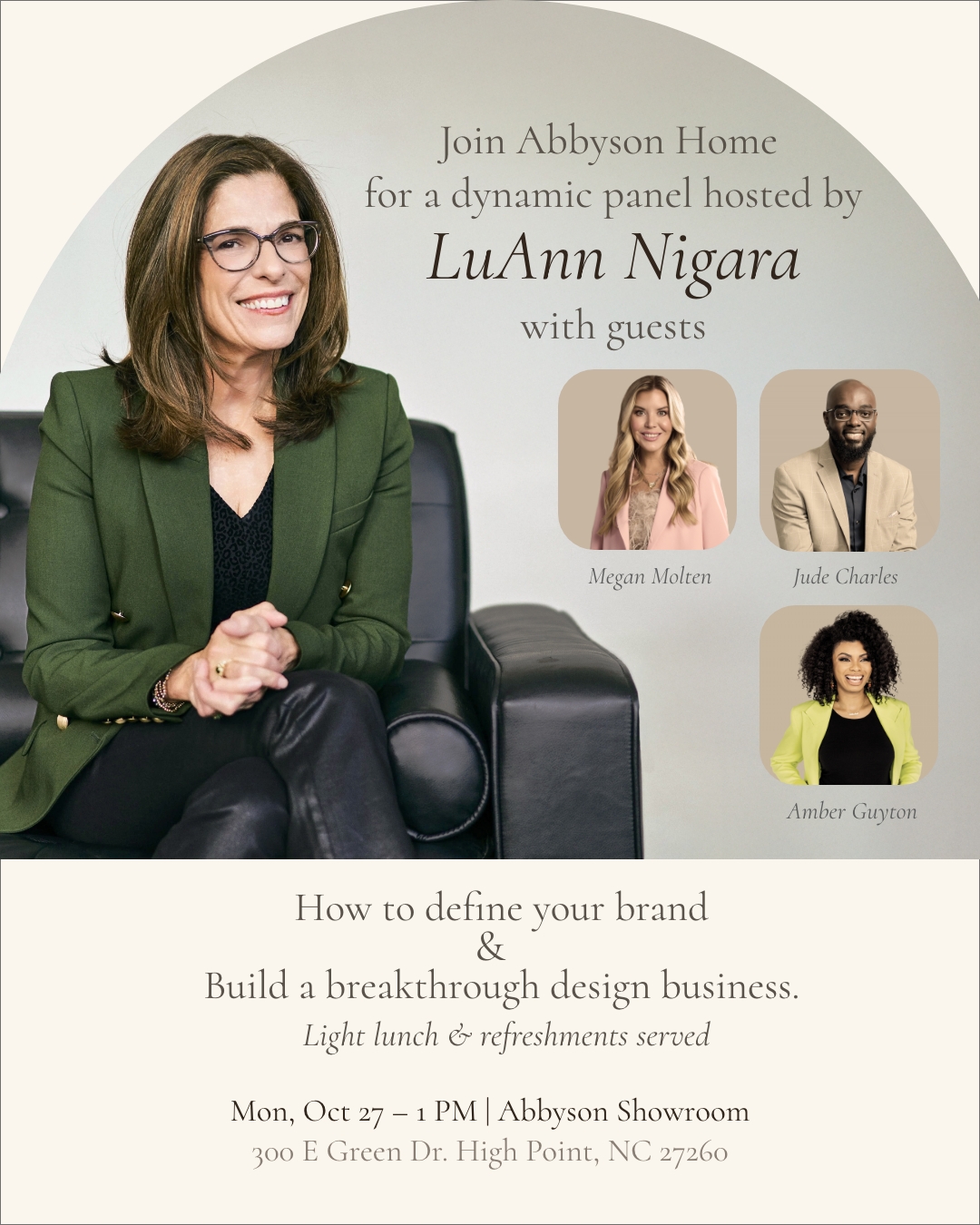 graphic invitation to previous panel discussion with luann nigara and megan molten interior design high point market