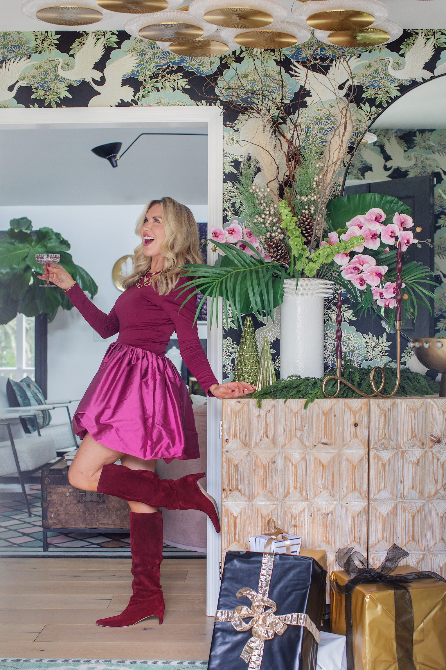 Burgundy dress with my fave Staud Boots