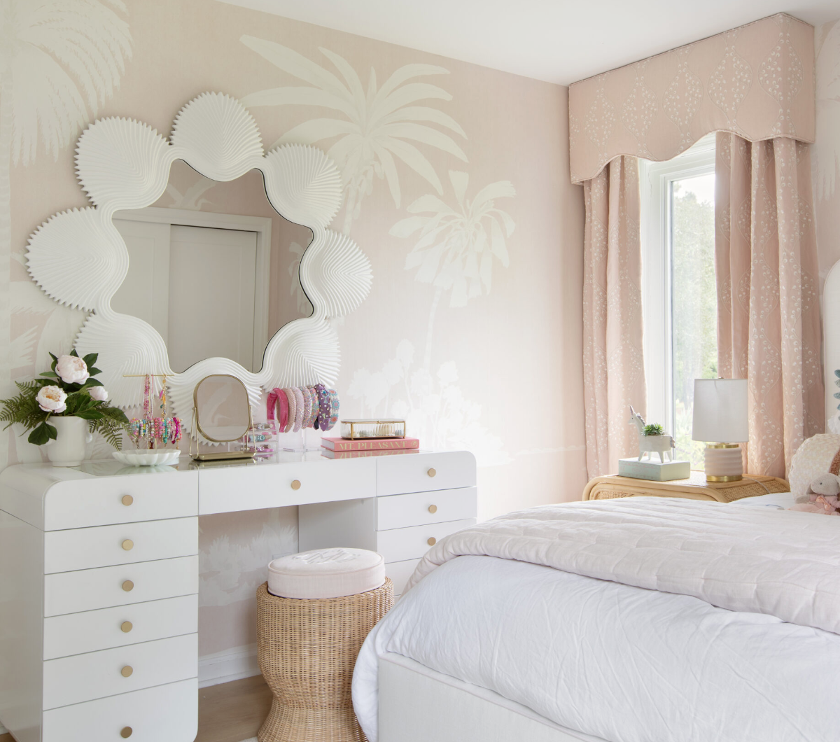 Megan Molten x Cooper Classics Norma wall mirror with textured white frame and round coastal design.