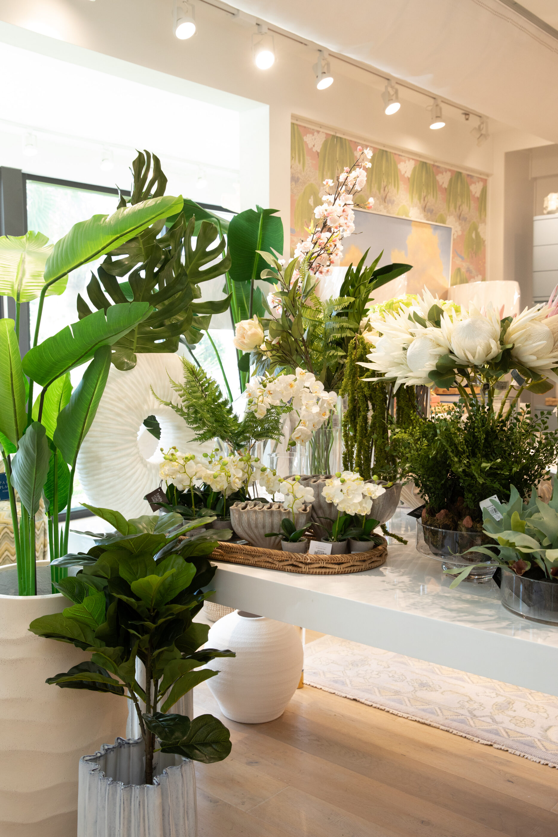 megan molten flagship grand opening mount pleasant shop interior design studio upholstery artwork custom design work virtual services lowcountry luxury coastal style faux greenery plants tropical